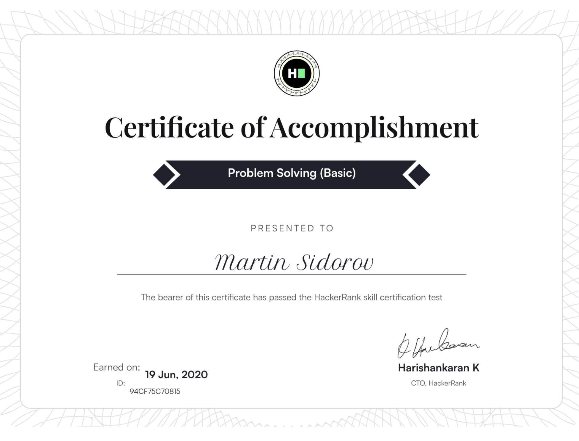 HackerRank Problem Solving (Basic) Certificate